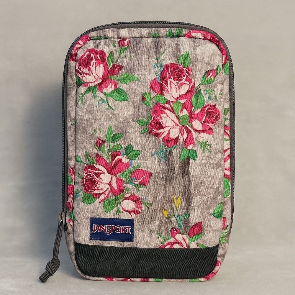 Jansport Floral‎ School Supply Organizer Pouch Case Pink Roses Gray Zip Sections